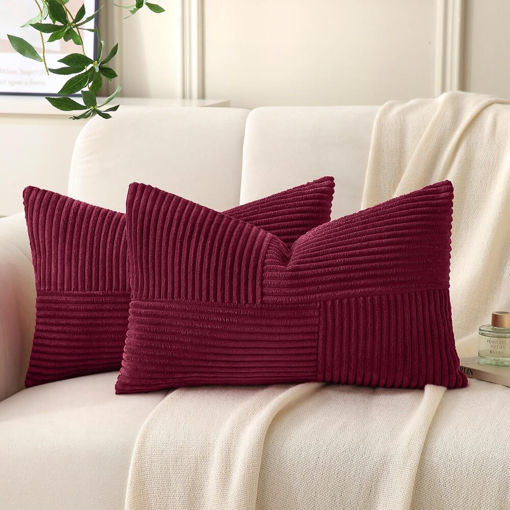 4457 Burgundy Lumbar Throw Pillow Covers 14x24 inch,Pack of 2 Soft Corduroy